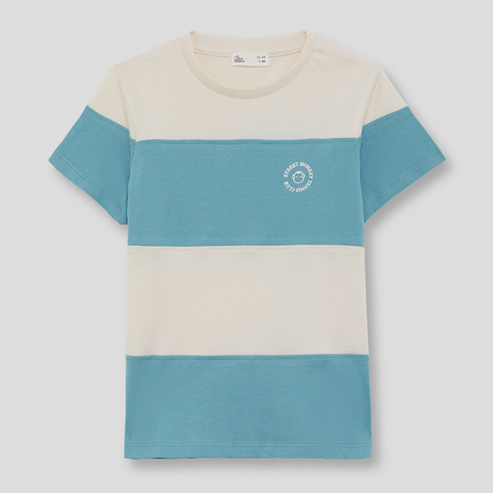 Camiseta de Manga Corta con Rayas Anchas en Bloques y Logo Bordado Estilo Casual | Color: Turquesa | Street Monkey