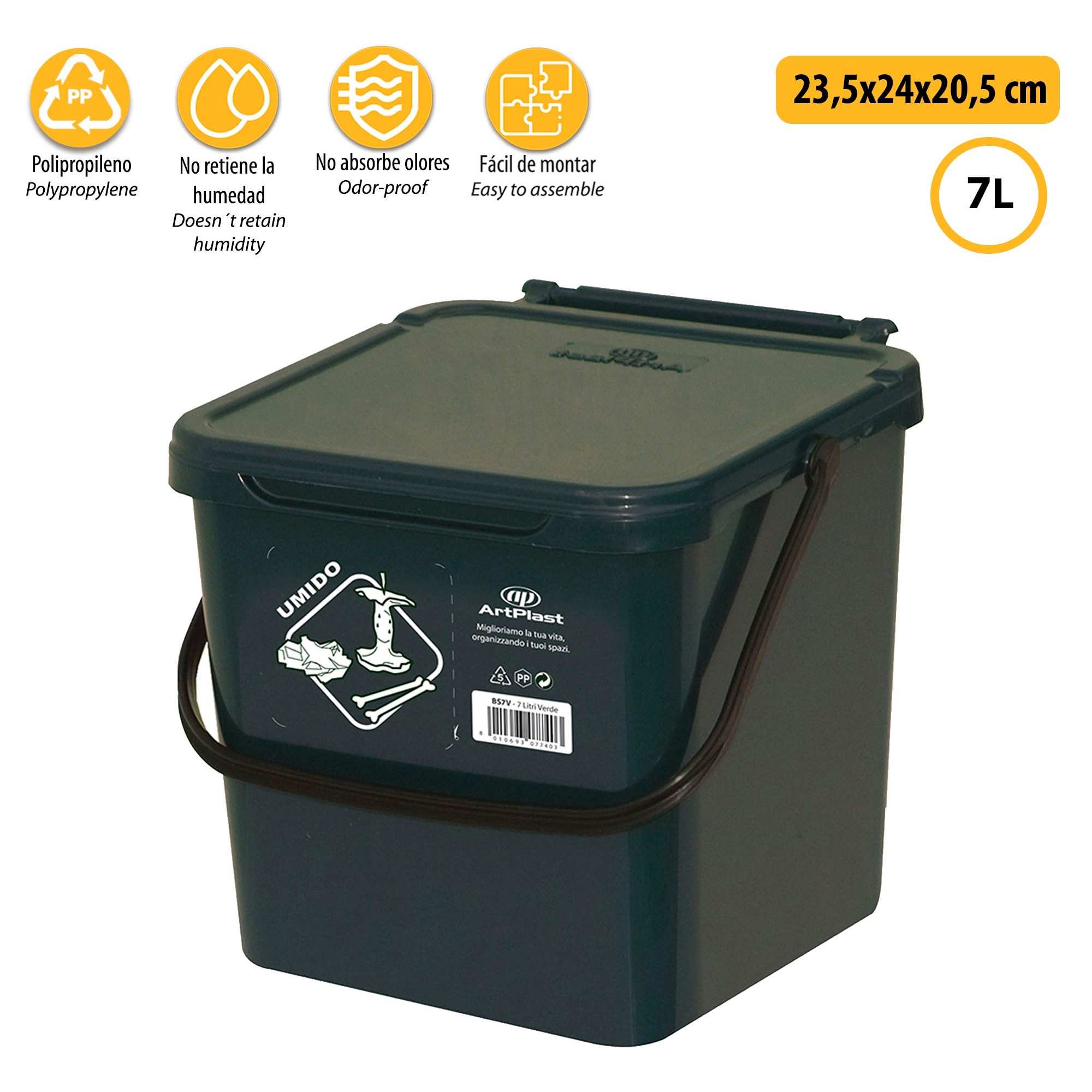 Cubo de polipropileno con la manija y la cubierta, de color verde, 7 lt. 225x240x205 mm, con la identificación de residuos pegatina