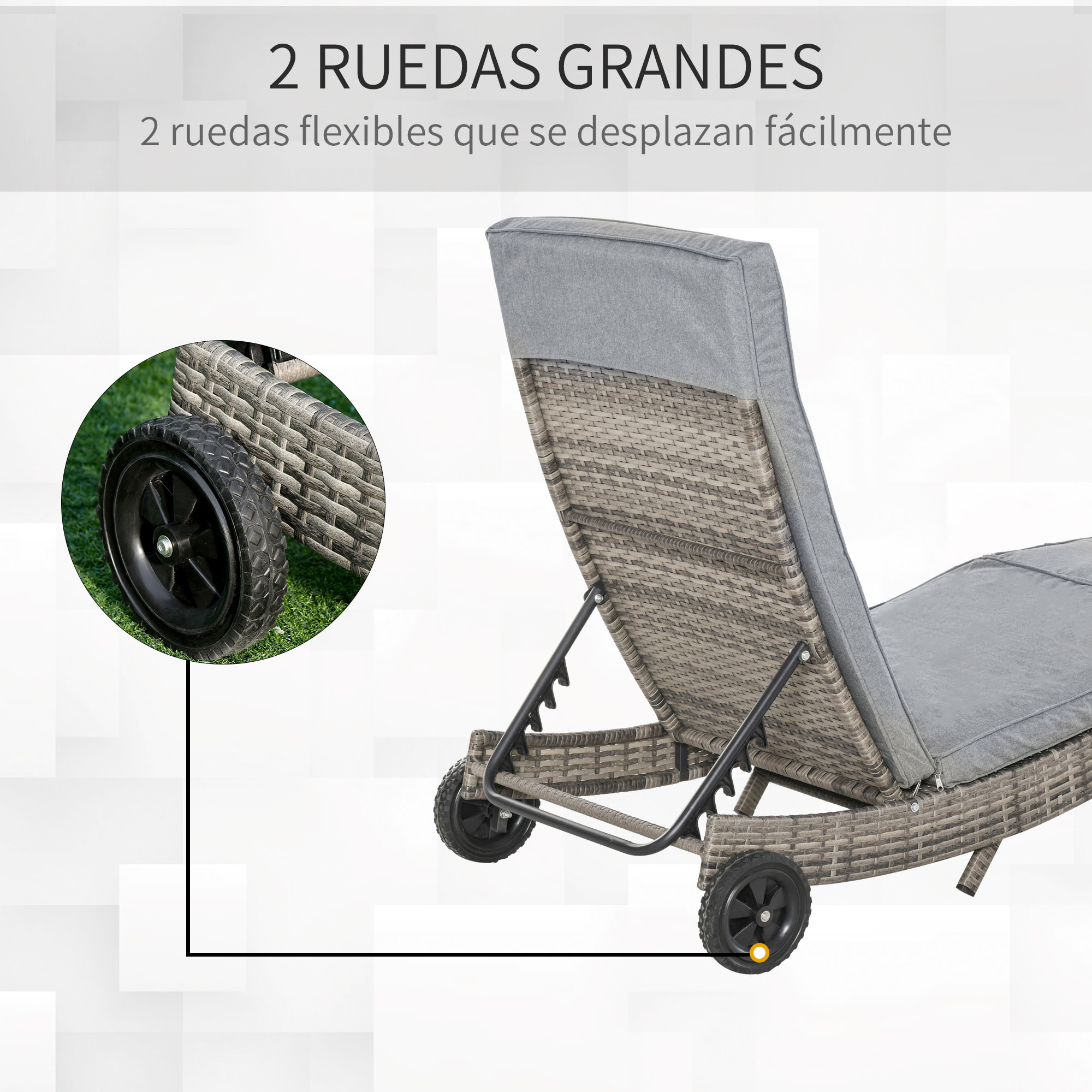 Tumbona de Ratán Reclinable Tumbona de Jardín en Forma de S con 2 Ruedas Respaldo Ajustable en 5 Posiciones y Cojín Extraíble para Patio Terraza 207x70x70 cm Gris