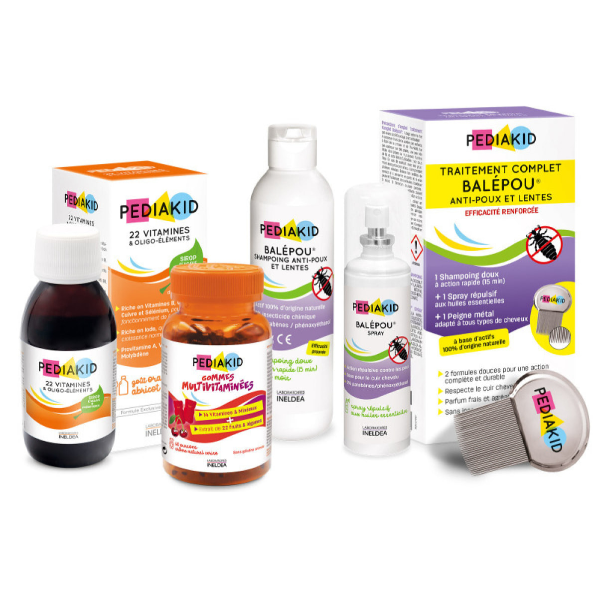 PEDIAKID - Box Rentrée des Classes - Traitement complet Balépou - Gommes multivitaminées, Sirop 22 vitamines & oligo-éléments - Forme & vitalité - Aide à prévenir les infestations de poux - Dès 3 ans