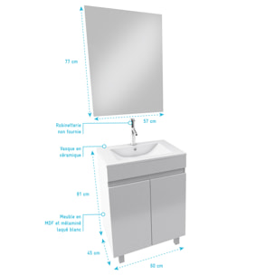 Ensemble meuble de salle de bain 60x45x81-meuble MDF-melamine brillant blanc-vasque ceramique+miroir