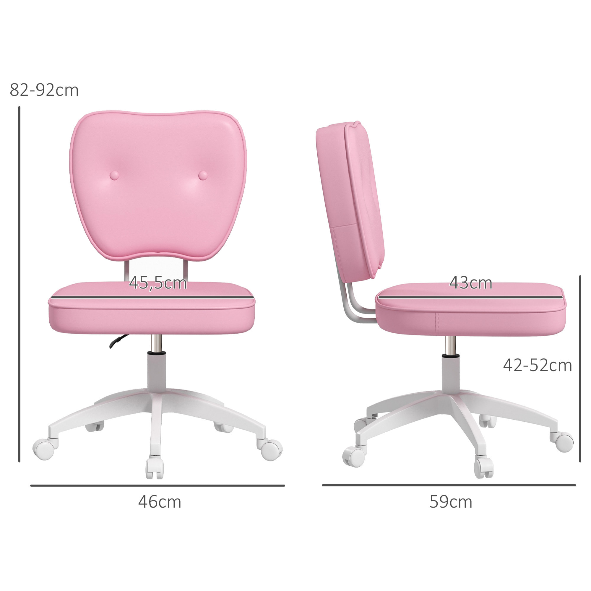 Silla de Escritorio Tapizada en PU Silla de Oficina Giratoria con Altura Ajustable Sin Brazos Carga 120 kg Silla para Estudio Dormitorio 46x59x82-92 cm Rosa