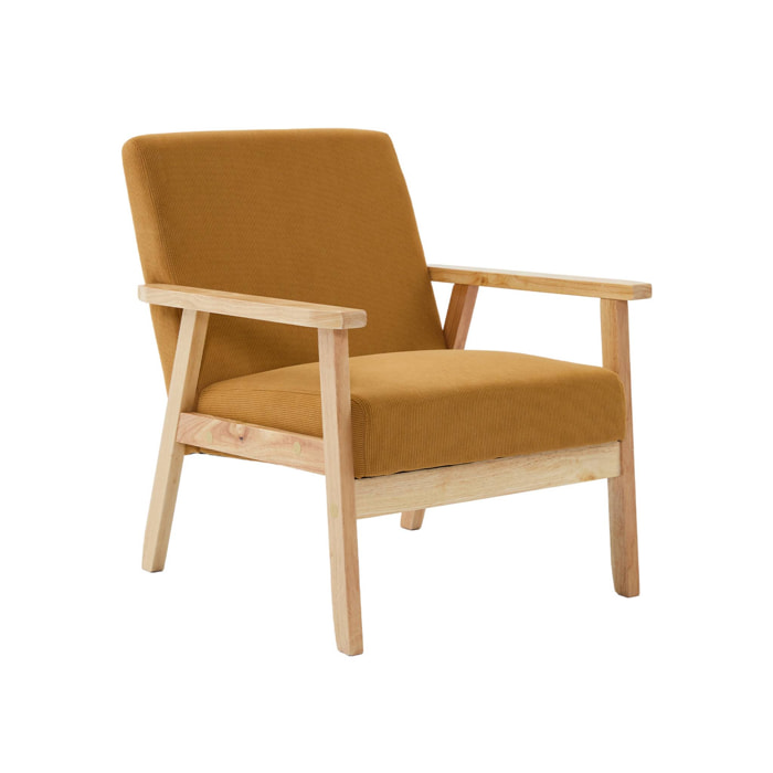 Fauteuil vintage / scandinave structure en bois et contreplaqué et assise en velours côtelé coloris moutarde