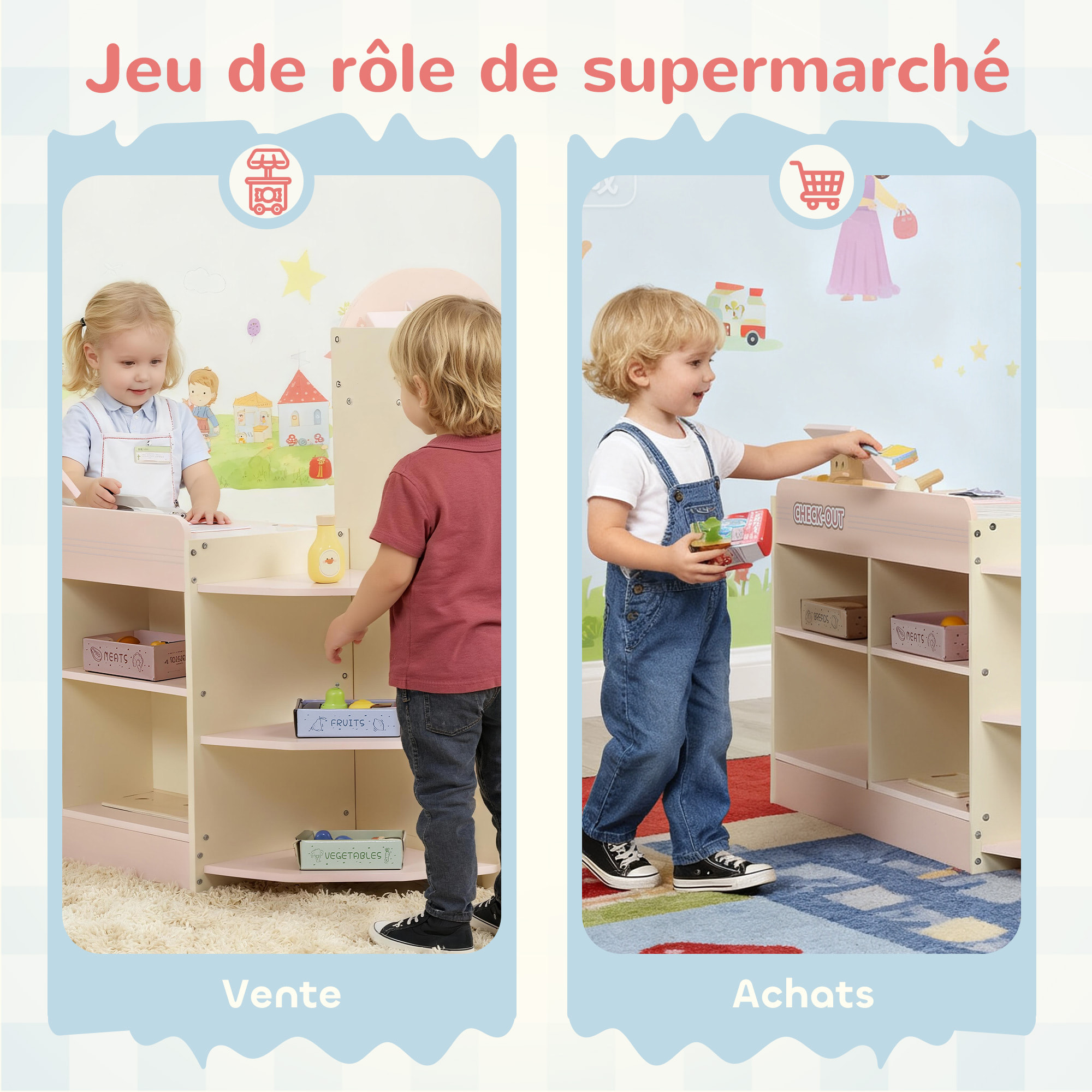 Jeu de la marchande en bois - jeu imitation supermarché enfant - beige rose