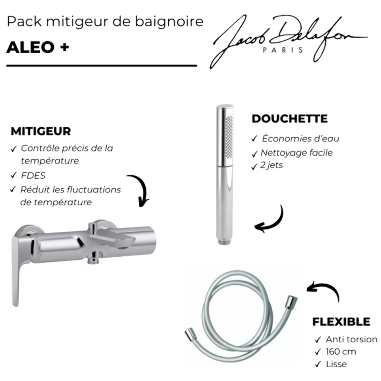 Pack mitigeur bain douche Aléo+ + douchette Shift Ellipse + flexible lisse 160 cm