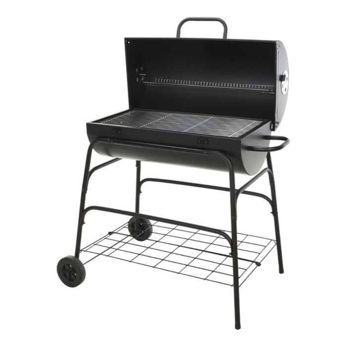 Barbacoa de cilindro con ruedas, color negro y parrilla de cocción chapada H.97cm