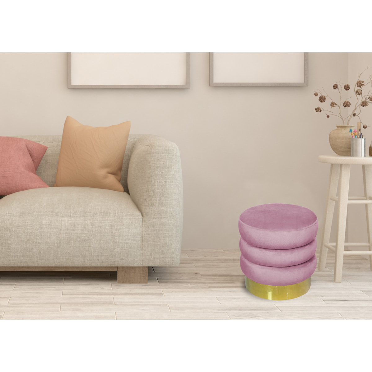 Pouf Poggiapiedi Rotondo Seduta In Velluto Velvet Creamy Rosa Antico