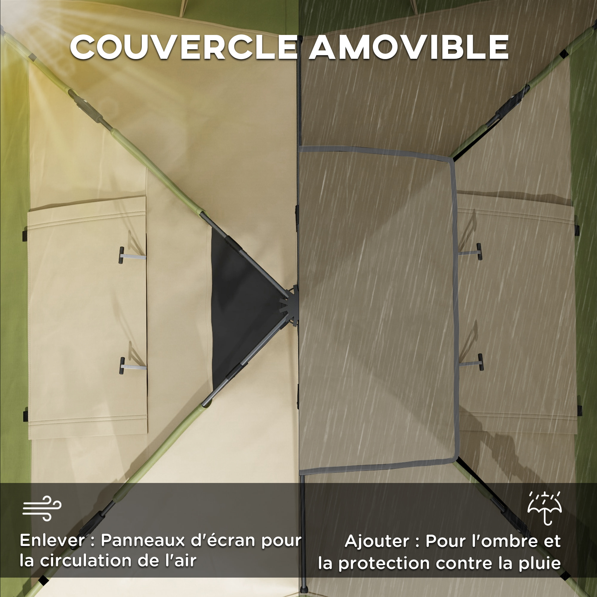 Tente de camping familiale 3-4 pers. tente dôme étanche 2000 mm sac de transport vert marron