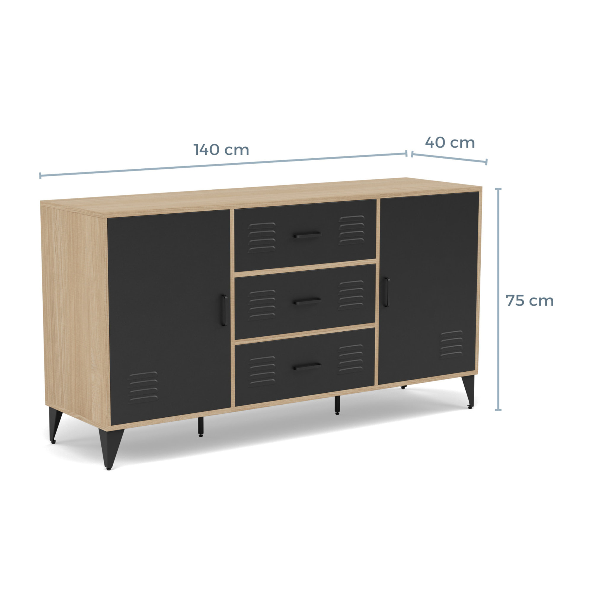 Tribeca - buffet bas - effet bois et métal noir - 3 tiroirs et 2 portes - 140 cm - Bois / Noir