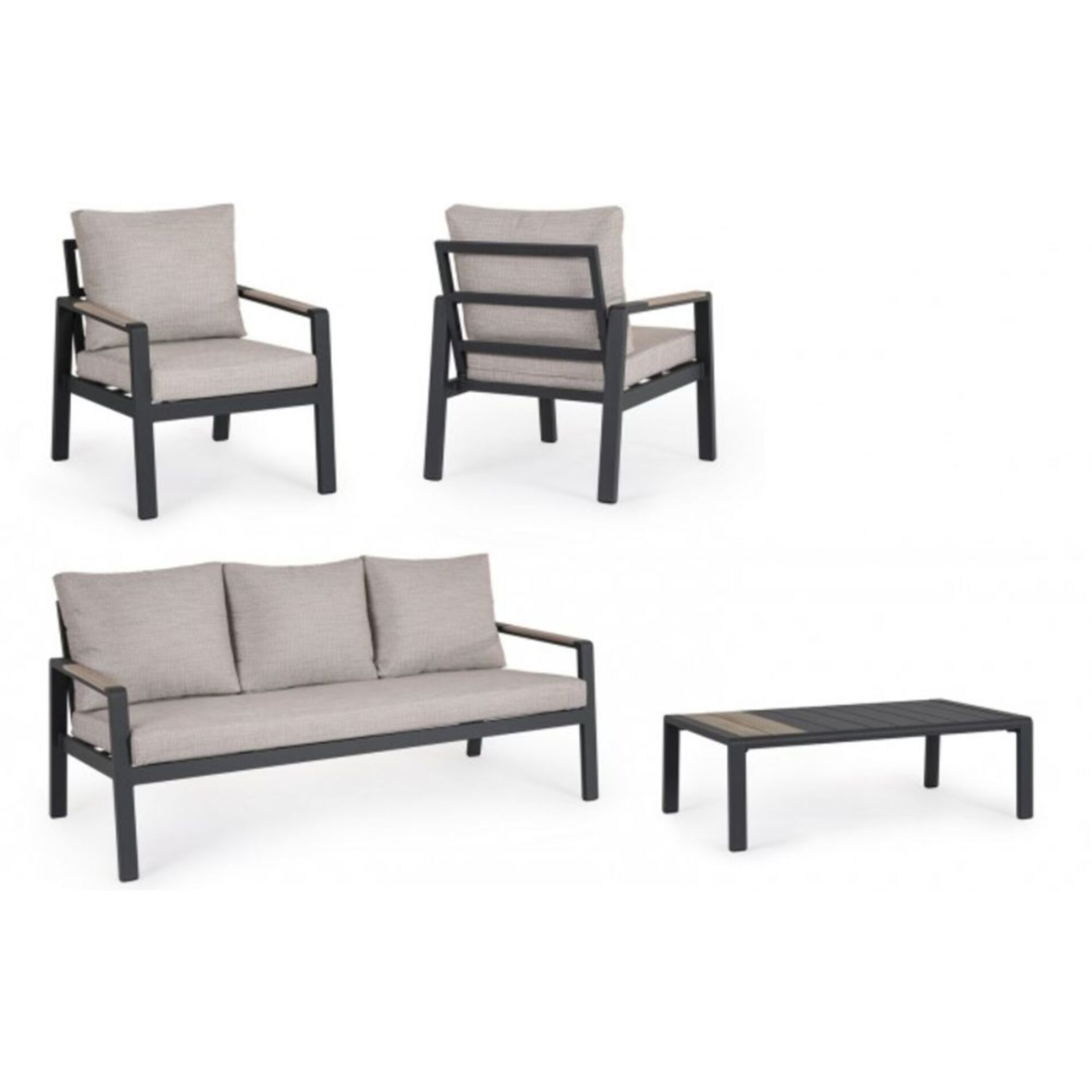 Set salotto ELNA con 1 divano, 2 poltrone e 1 tavolino in alluminio antracite con inserti in polywood