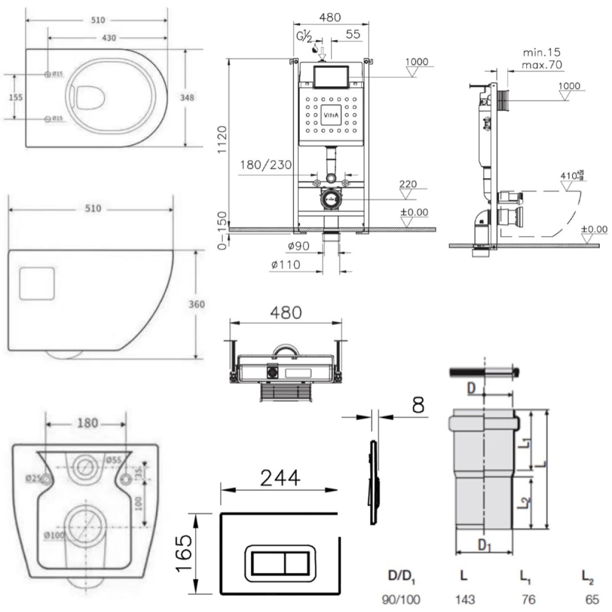 Pack WC Bâti-support V-Fix Core + WC sans bride SAT + Abattant SoftClose + Plaque, Blanc brillant (V-FixProject-1)