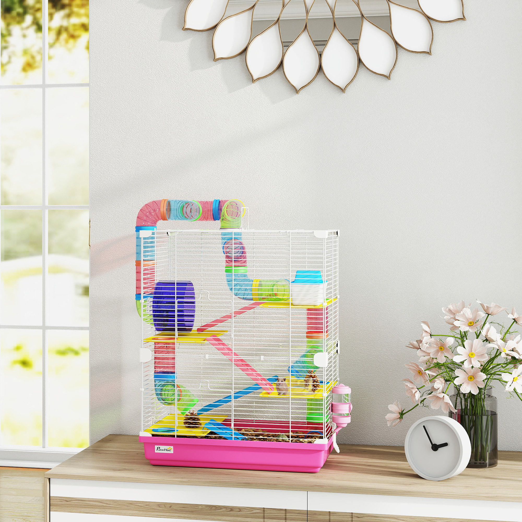 Cage pour hamster souris rongeur 4 étages avec tunnels mangeoire roue maison échelles dim. 46L x 30l x 58H cm rose