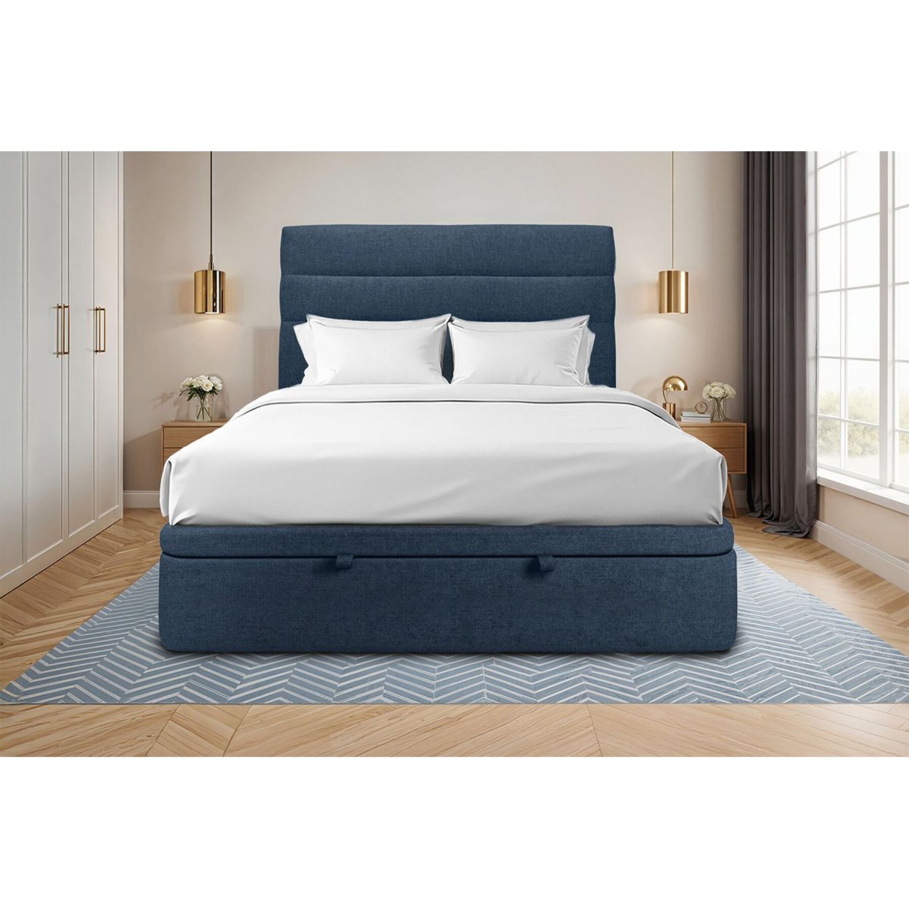 Lit coffre avec tête de lit bandes horizontales Tissu