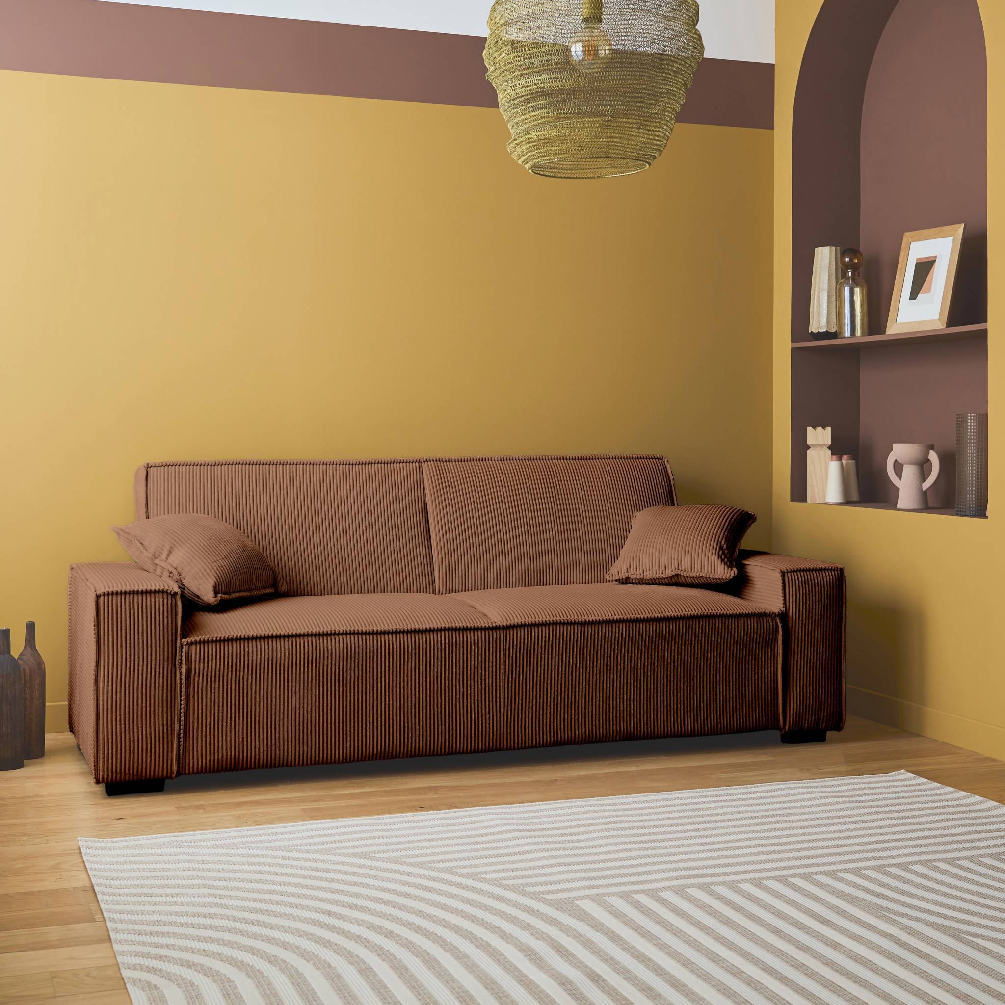Canapé convertible 3 places camel velours côtelé L 231 x P 96.5 x H 80cm