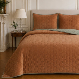 Couvre-lit matelassé réversible 100% polyester bicolore terracotta - NAZIM