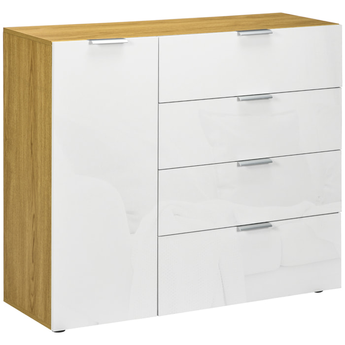 Aparador de Salón Cajonera y Cómoda con 4 Cajones de de Alto Brillo Puerta y Estantes Ajustables para Comedor Dormitorio 105x35x92 cm Blanco y Natural