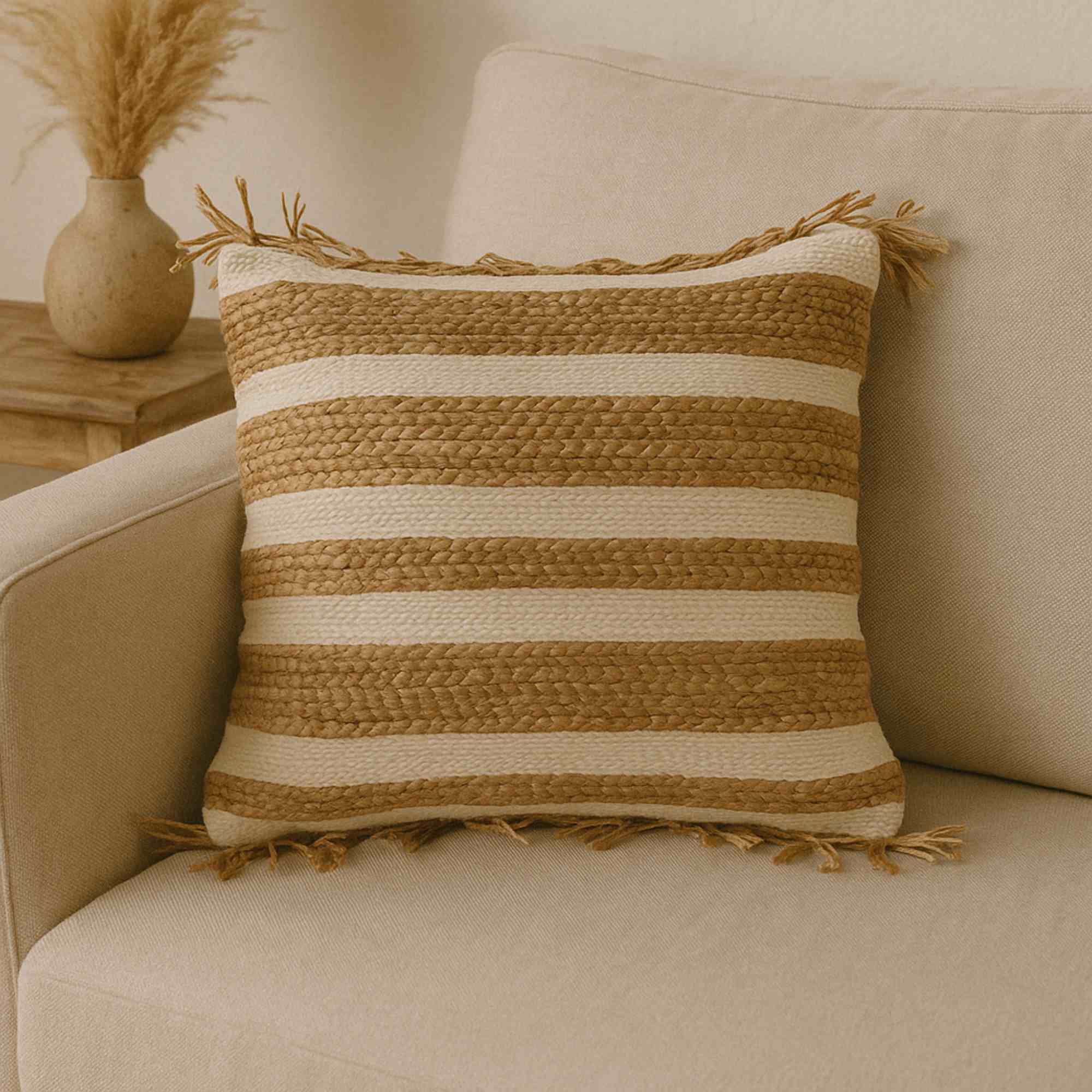 Cojín de yute y algodón con flecos en beige/multi 45x45cm - Relleno de 400gr al vacío