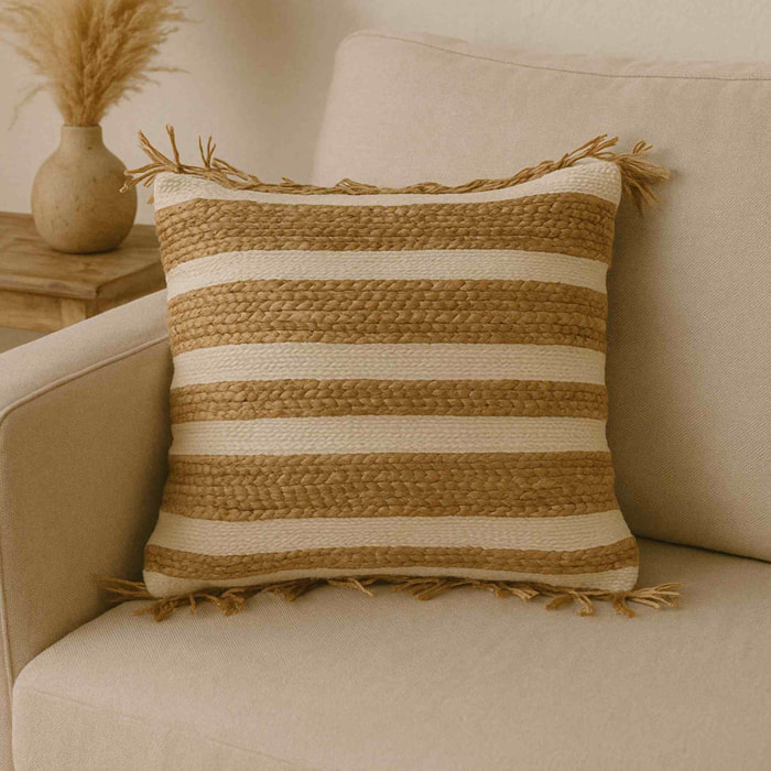 Cojín de yute y algodón con flecos en beige/multi 45x45cm - Relleno de 400gr al vacío