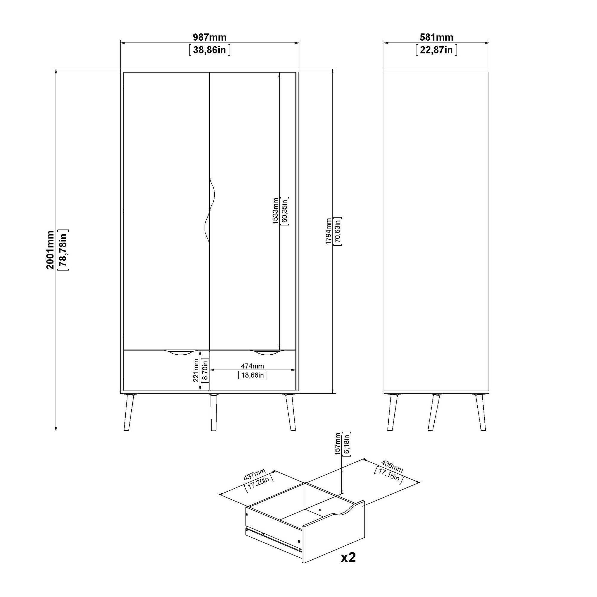 Guardaroba 2 ante Archilllo, Mobile camera da letto, Cabina armadio portabiti, Armadio appendiabiti, 99x58 h200 cm, Bianco e Quercia