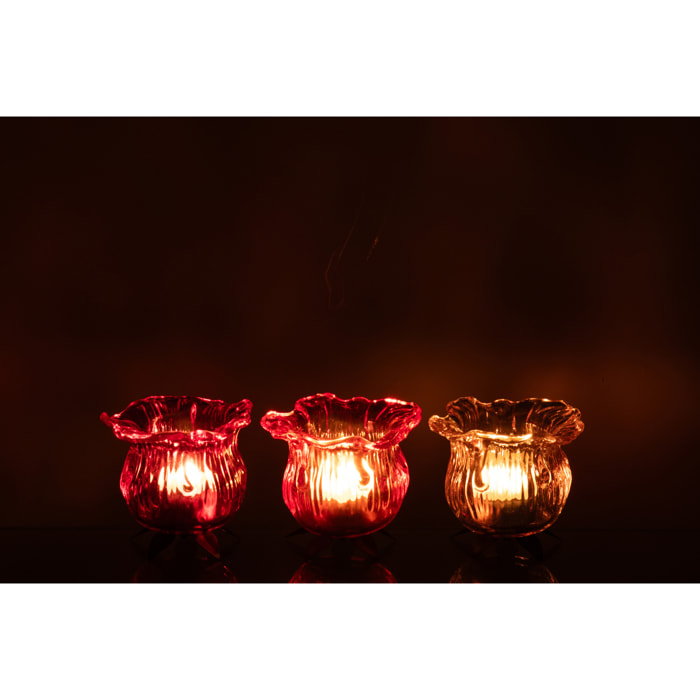 J-Line Photophore Fleur - verre - orange/rose - 3 pièces
