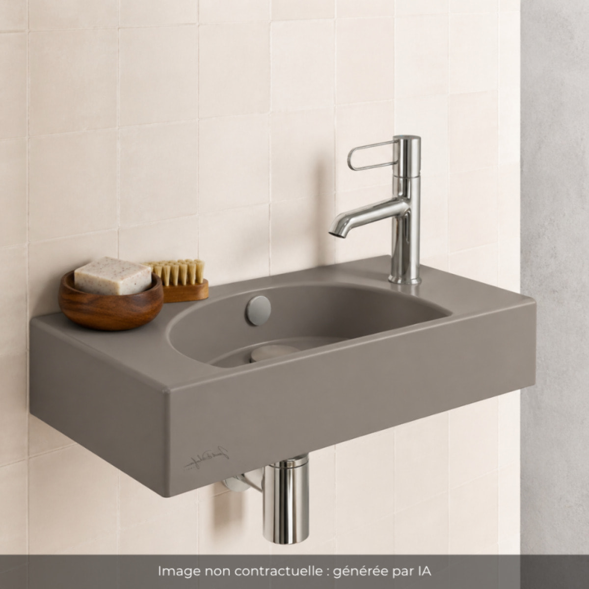 Lave-mains compact 50 cm Odéon Rive Gauche 1 trou de robinetterie à droite Brun sepia satiné avec bonde