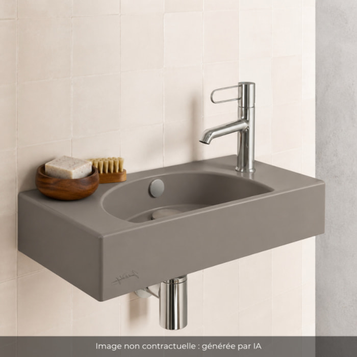 Lave-mains compact 50 cm Odéon Rive Gauche 1 trou de robinetterie à droite Brun sepia satiné avec bonde