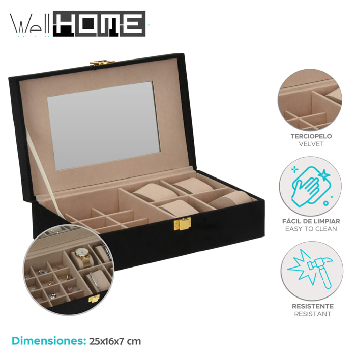 Well home - caja joyero con espejo color negro 25x16x7cm