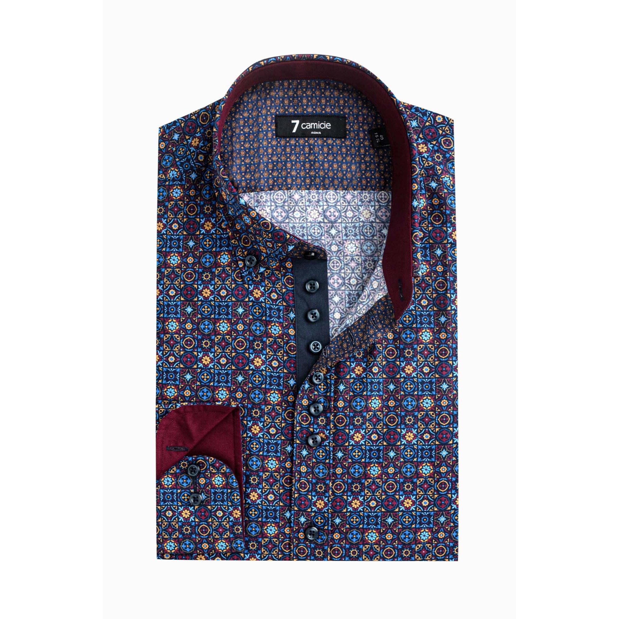 Camicia Uomo 1 Bottoni Button Down Slim Popeline Stampato Blu e Rosso