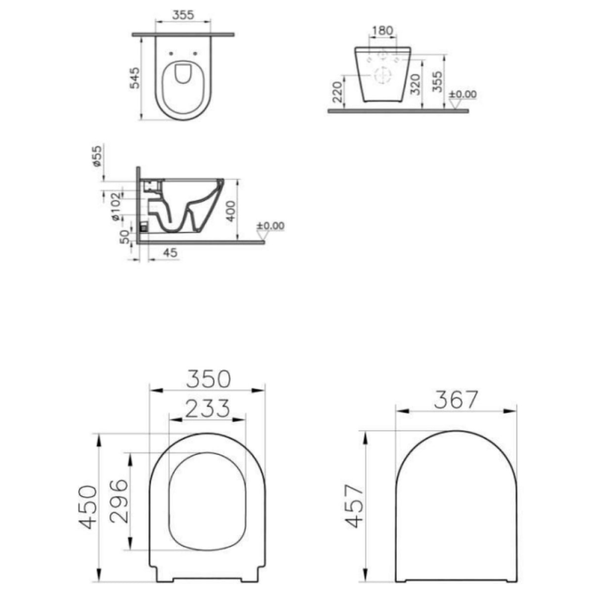 Set Integra WC sans bride + Abattant avec frein de chute en Duroplast + bidet suspendu et trop-plein, 35,5x54 cm, blanc