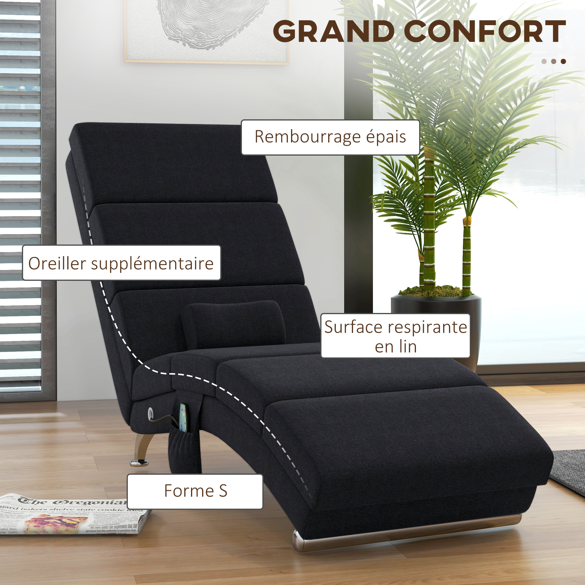 Fauteuil relax massant chauffant design contemporain - chaise longue d'intérieur - piètement métal chromé tissu noir