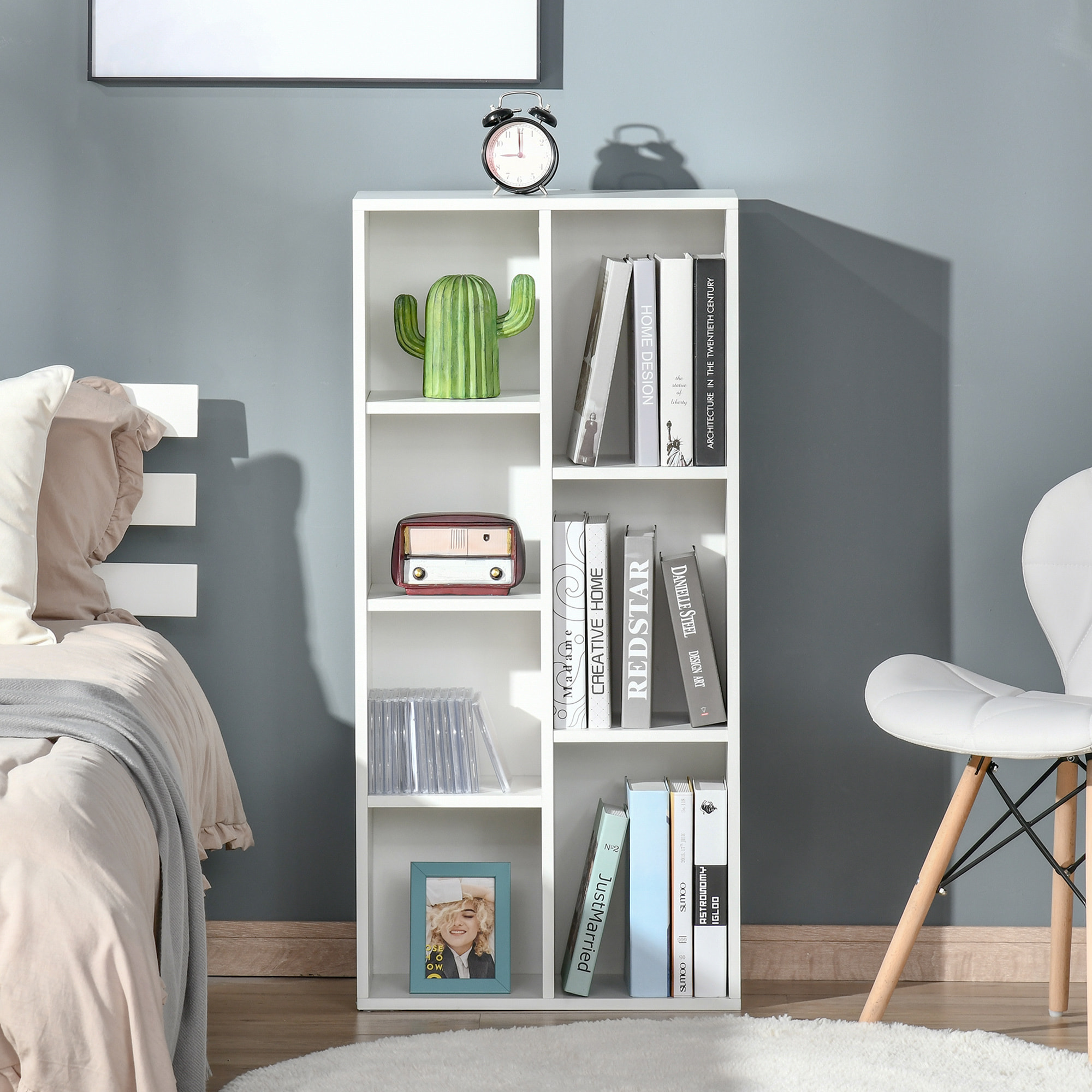 Estantería para Libros Librería de Madera con 7 Compartimentos de Almacenaje Plantas Archivos para Sala de Estar Dormitorio Oficina 50x24x106 cm Blanco