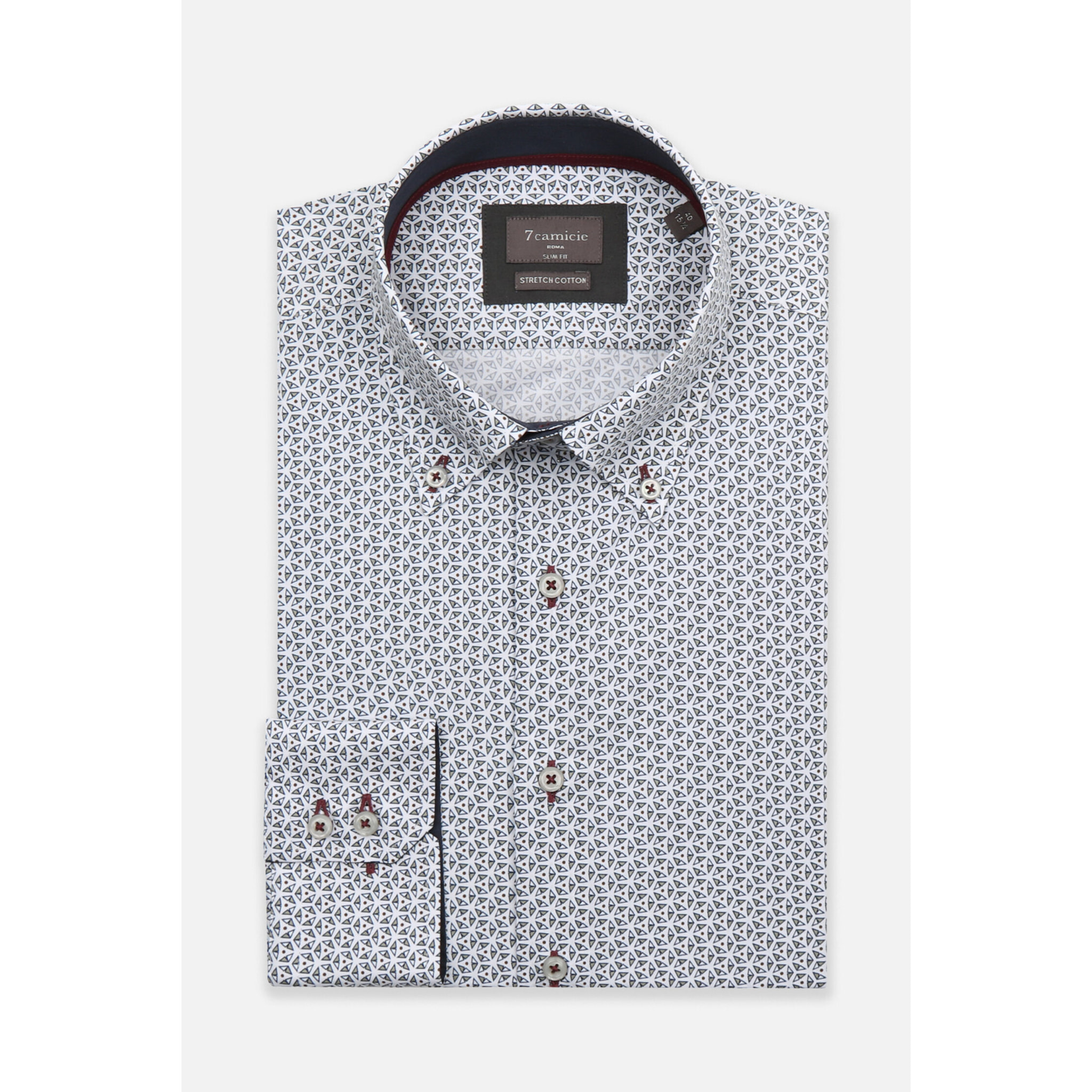 Camicia Uomo 2 Bottoni Button Down Slim Popeline Stretch Stampato Bianco e Blu