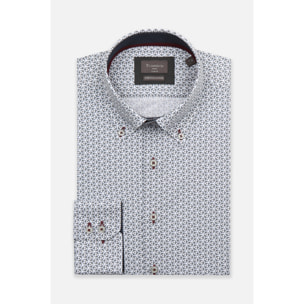 Camicia Uomo 2 Bottoni Button Down Slim Popeline Stretch Stampato Bianco e Blu