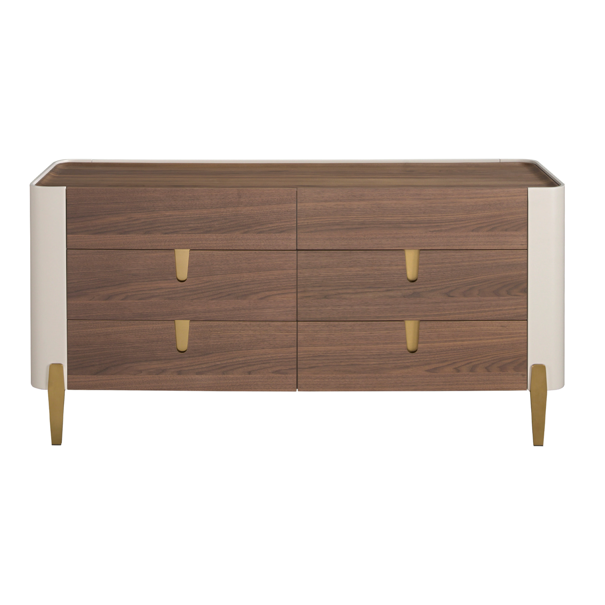 Cómoda con estructura de madera chapada en nogal natural y madera MDF lacada en beige y patas de acero inoxidable pulido en dorado 160x47x76cm