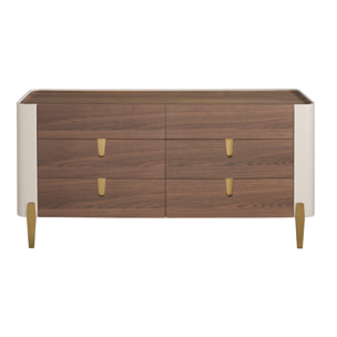 Cómoda con estructura de madera chapada en nogal natural y madera MDF lacada en beige y patas de acero inoxidable pulido en dorado 160x47x76cm