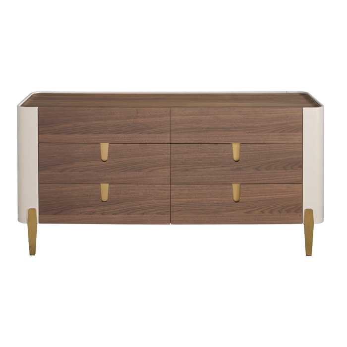 Cómoda con estructura de madera chapada en nogal natural y madera MDF lacada en beige y patas de acero inoxidable pulido en dorado 160x47x76cm