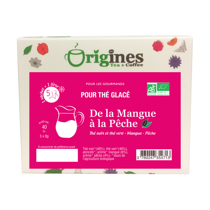 De la mangue à la pêche - Thés noir et vert Bio mangue pêche - Infusettes Thé Glacé 5x8g