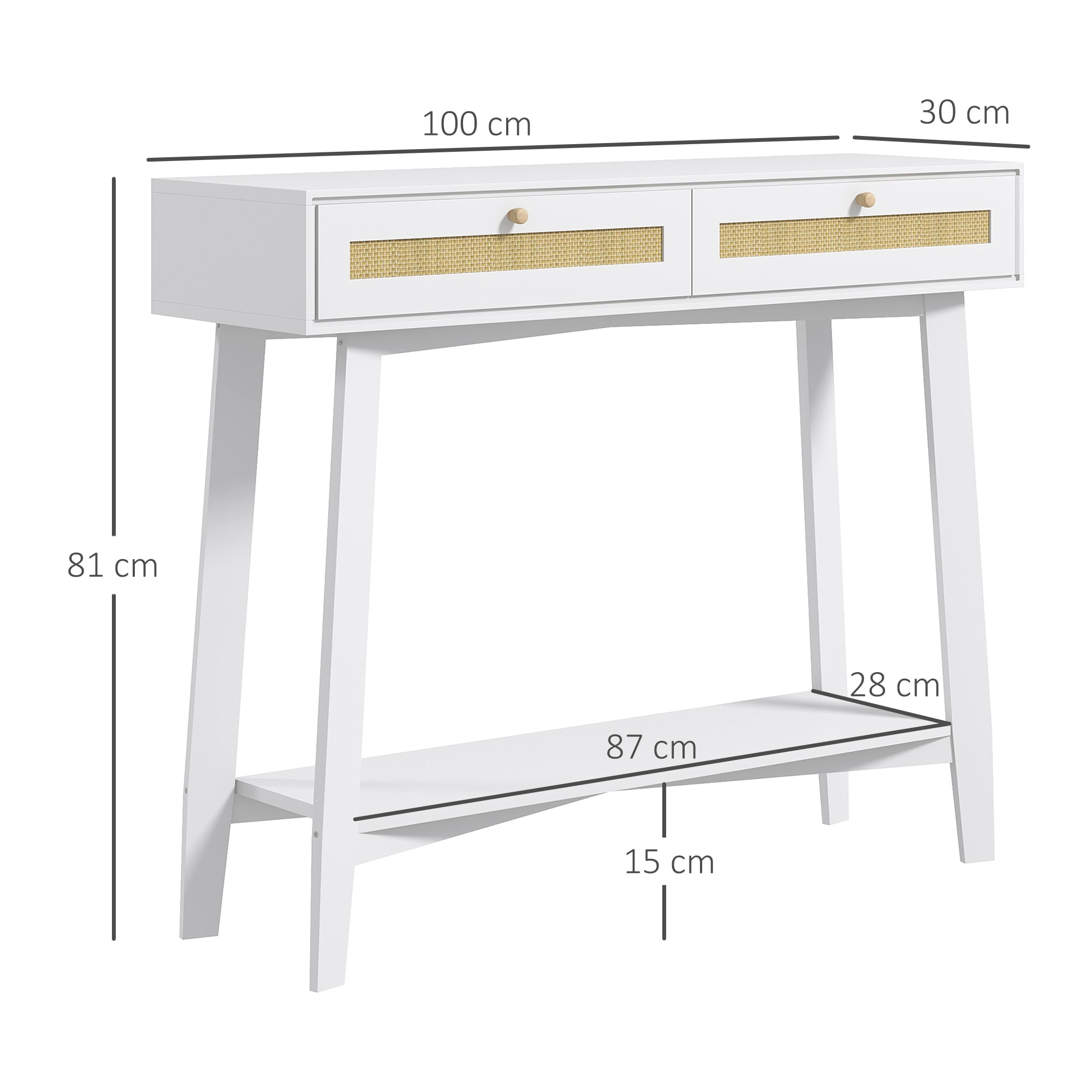 Mesa Consola Recibidor Mesa de Entrada con 2 Cajones de Diseño de Ratán y Estante Abierto para Salón Pasillo 100x30x81 cm Blanco