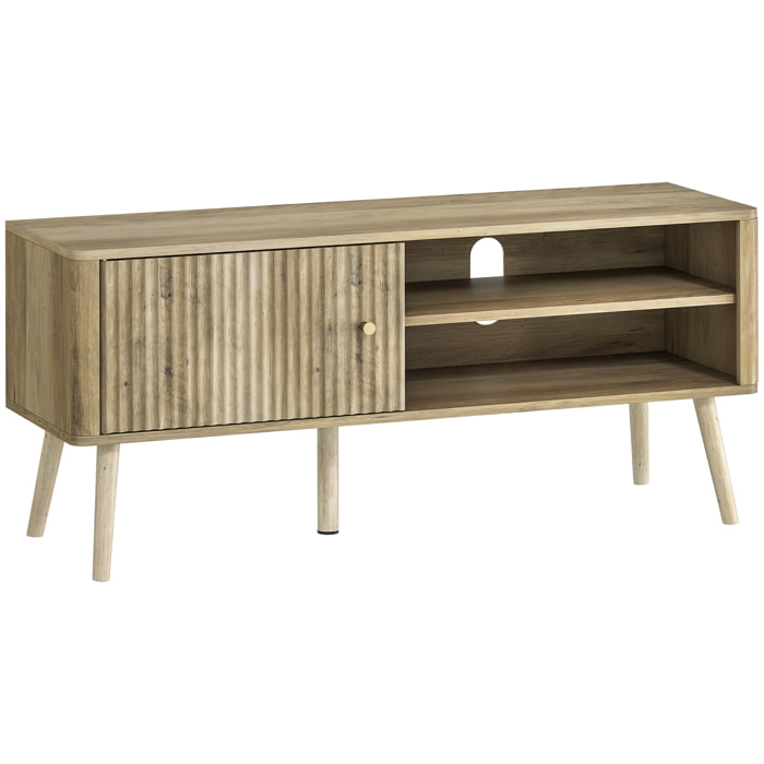 Meuble TV design effet cannelé naturel porte 2 niches bois de pin effet bois clair