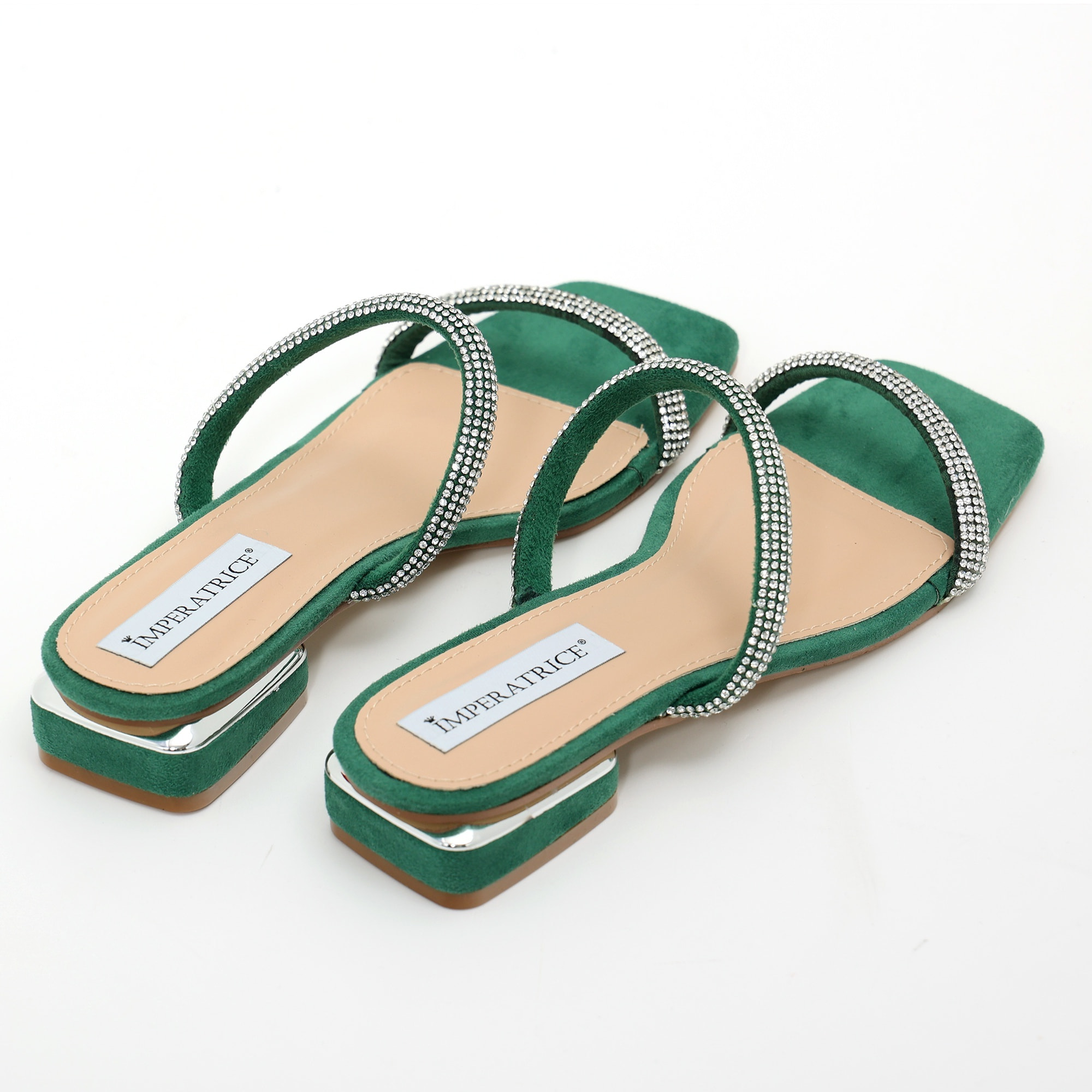 Sandali bassi in simil camoscio con fasce ricoperte di strass