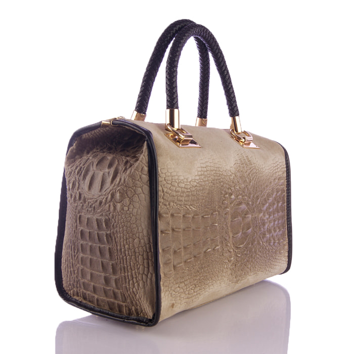 FIRENZE ARTEGIANI Borsa Tote da Donna Anacapri. Vera Pelle Scamosciata Incisione Coccodrillo Made in Italy 30x15x22 Cm. Colore: Tortora