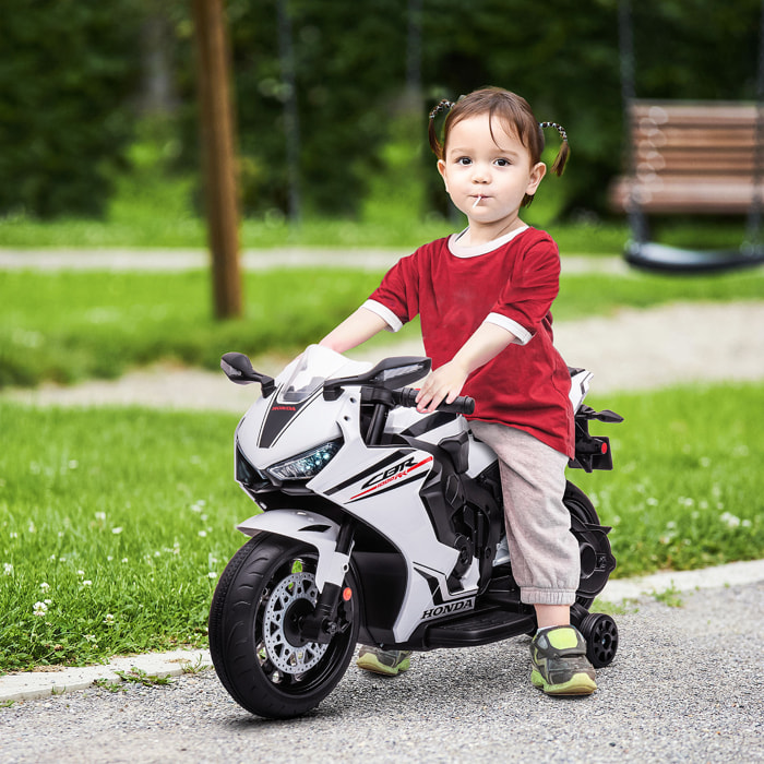 Moto Eléctrica con Licencia HONDA para Niños de 3-5 Años Moto a Batería 6V con Faro Bocina Música y Ruedas Auxiliares Extraíbles Carga 30 kg 90x44x52 cm Blanco