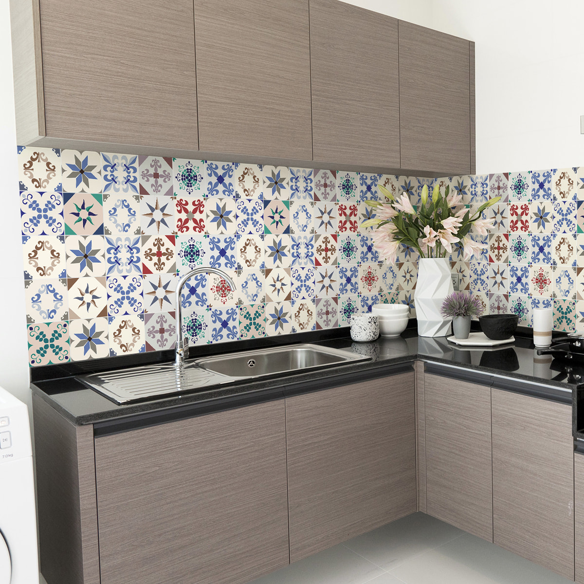 Stickers muraux - Sticker Mural Carrelage adhésif Cuisine Salle de Bain - 30 STICKERS CARREAUX DE CIMENT AZULEJOS ROSITA