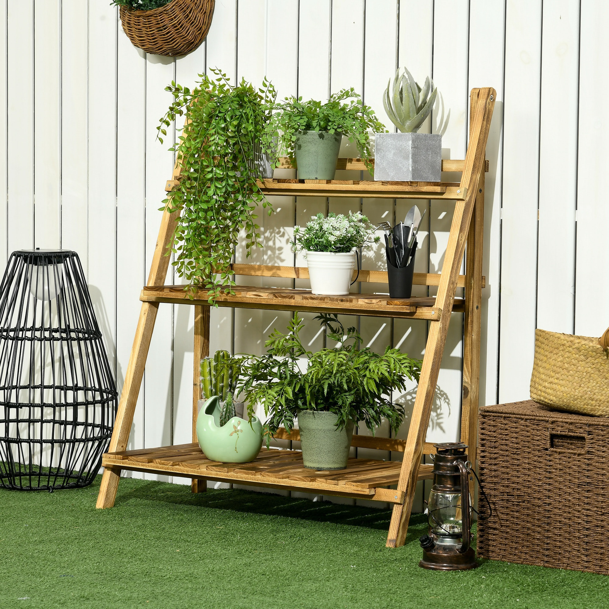 Soporte para Plantas de Madera de 3 Niveles Estantería para Plantas Plegable Soporte para Macetas para Interior y Exterior Terraza Jardín Balcón 80x37x93 cm Natural