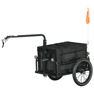 Remorque vélo cargo - coffre pliable amovible 65L - réflecteurs, drapeau - pneus 16'' acier PP noir