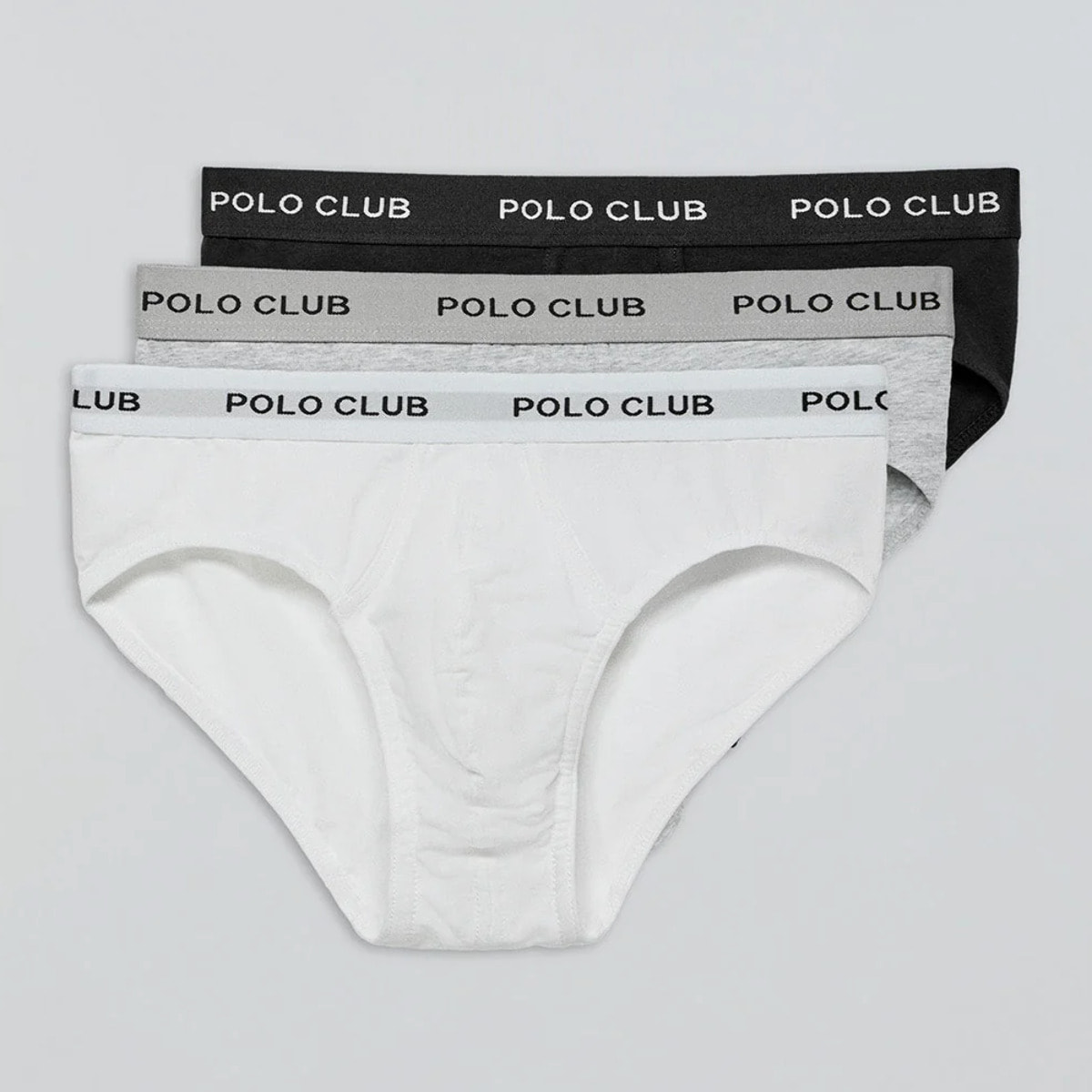 Pack di tre slip nero, grigio e bianco con particolare Polo Club