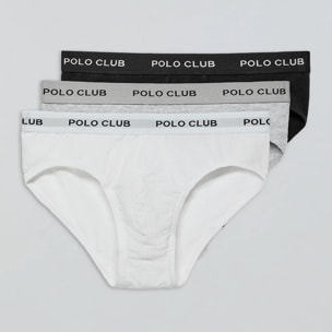 Pack di tre slip nero, grigio e bianco con particolare Polo Club