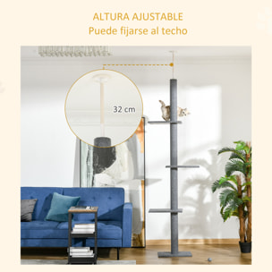 Árbol para Gatos del Suelo al Techo 43x27x228-260 cm Torre para Gatos con Altura Ajustable 4 Plataformas Espaciosas y Poste de Sisal Gris