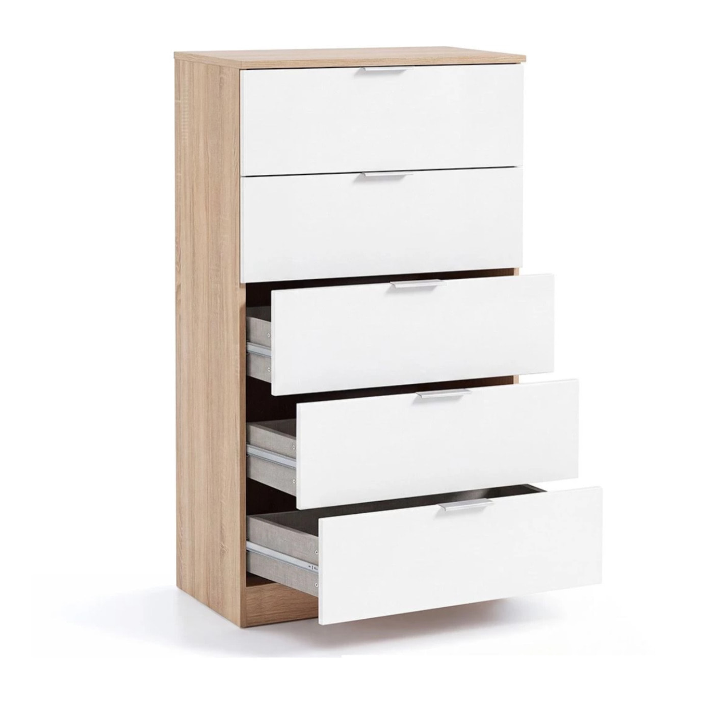Cómoda alta de 5 cajones en blanco artik y roble canadian 60x110 cm Akari Blanco Artik (Blanco Mate) - Roble Canadian