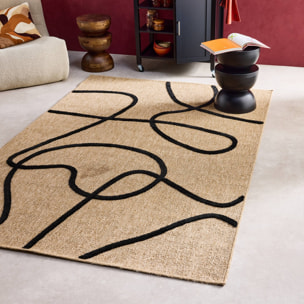 Tapis intérieur effet jute THOMAS. motif graphique en relief noir. 120 x 170 cm